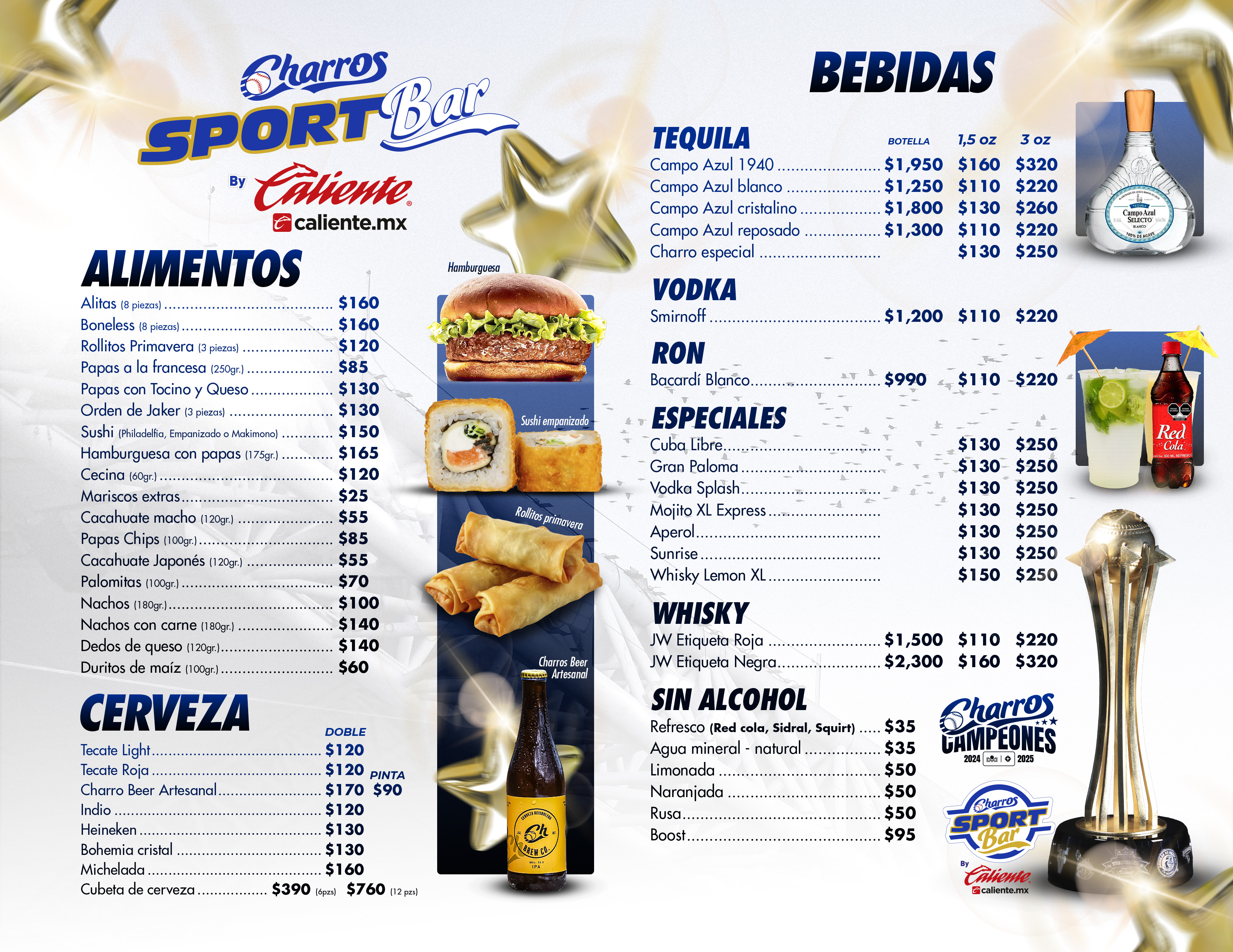 Menú completo de Charros Brew Bar - Alitas, boneless, hamburguesas, bebidas y más